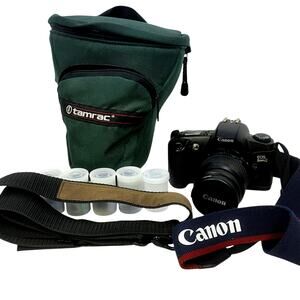 Canon Black Camera with Green Bag
